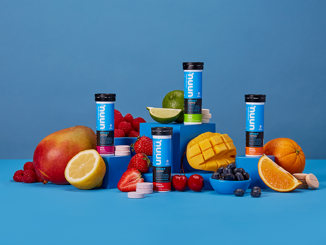 Nuun Sport with caffeine surrounded by fruit and tablets
