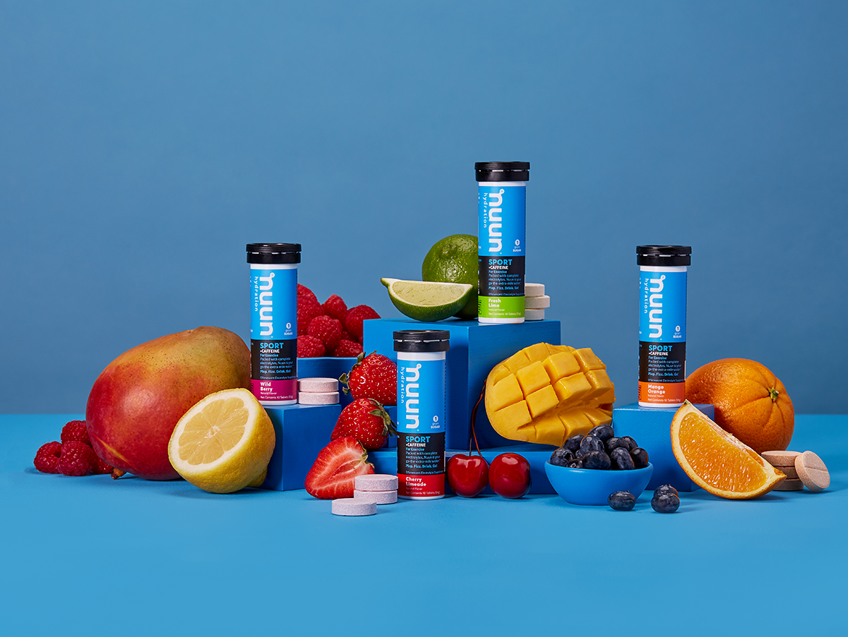 Nuun Sport with caffeine surrounded by fruit and tablets