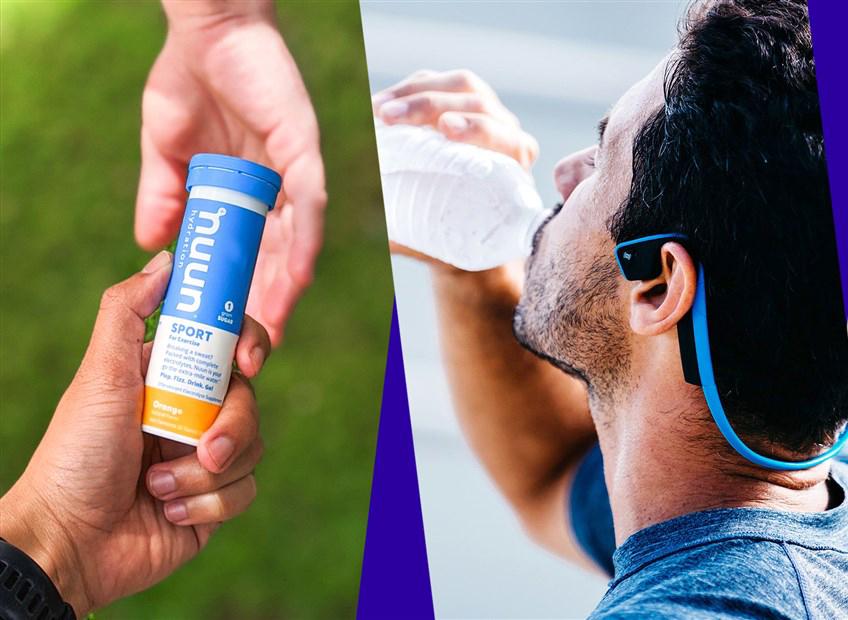 A picture of a Nuun tube, runner hydrating, and running shoes