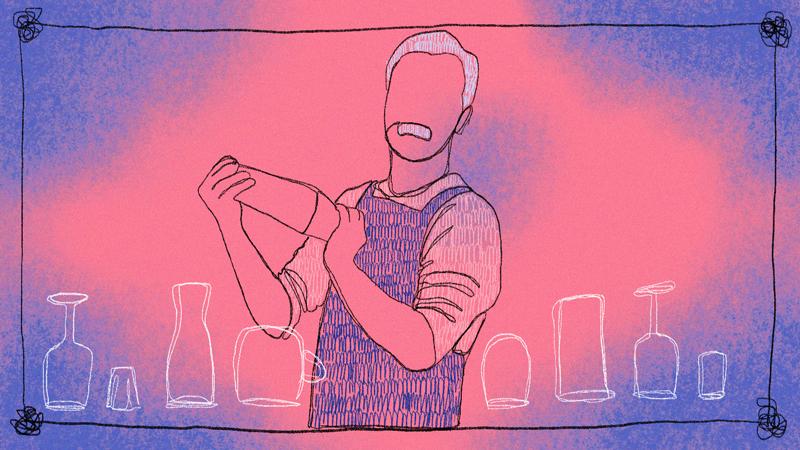 Illustration: bartender mixing drinks on pink and purple background